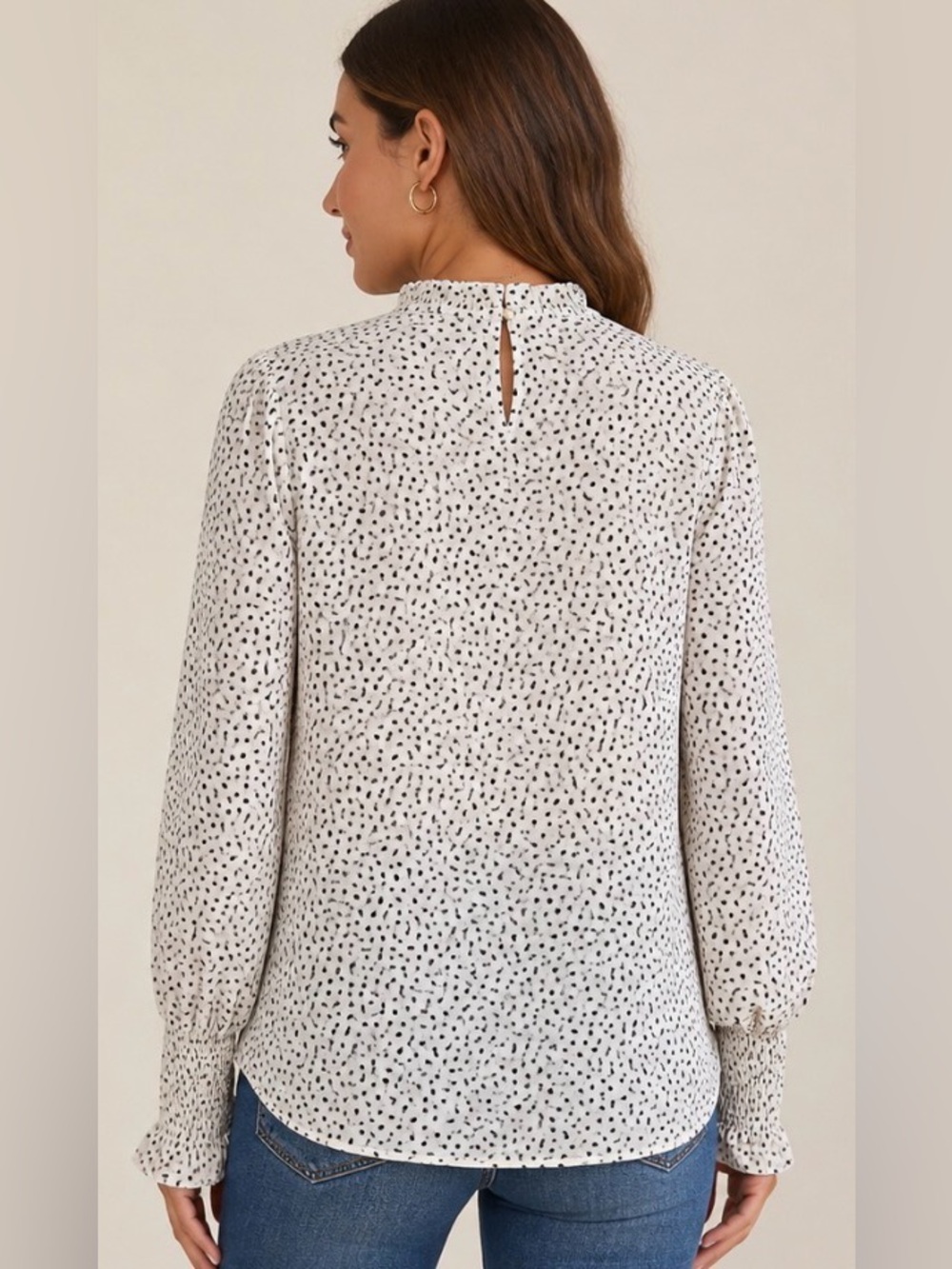 Maison d’Amélie Paris Polka Dot Blouse Small Sheer Smocked Sleeve Ruffle Neck - Picture 3 of 9